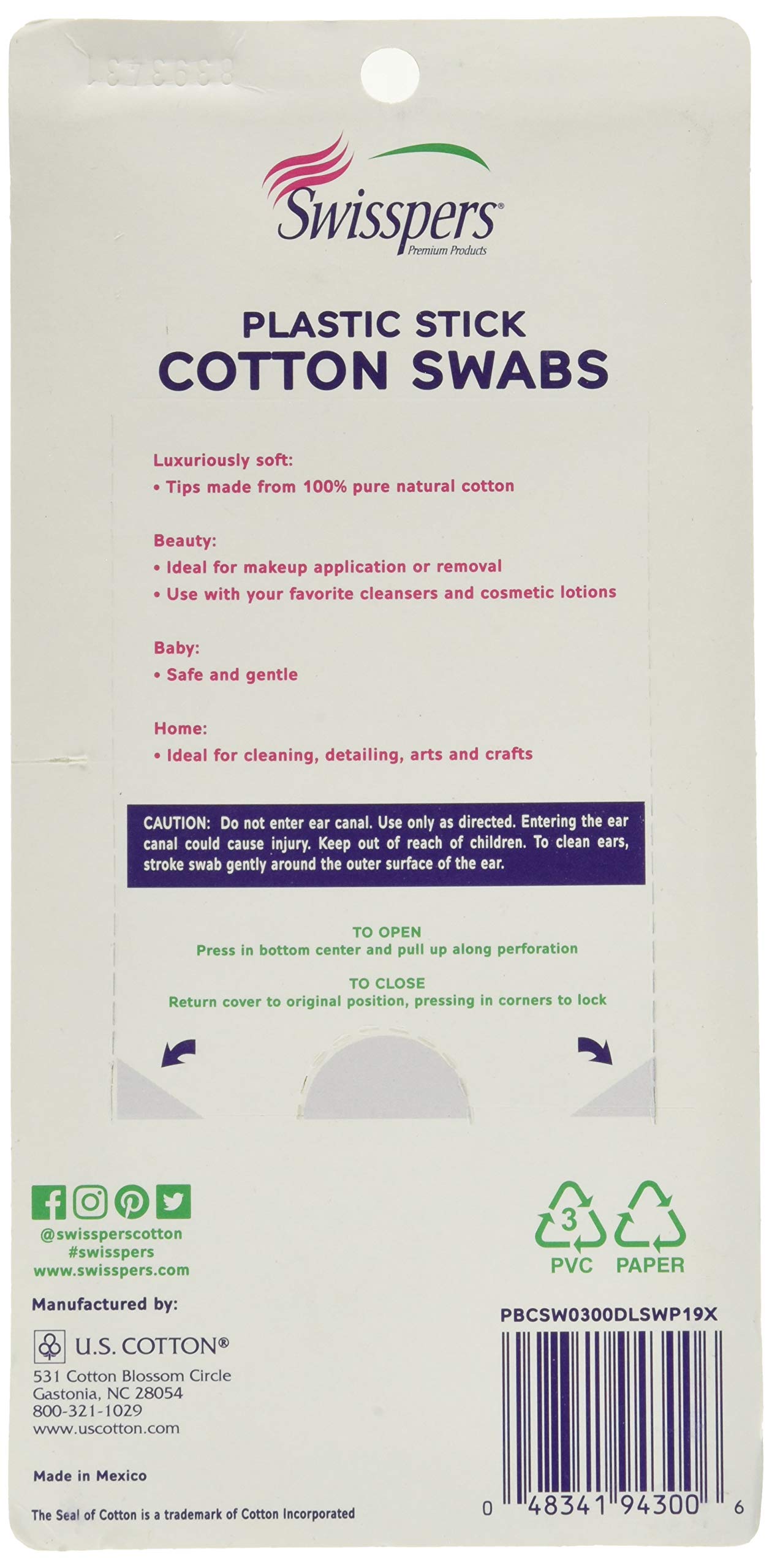 Swisspers Cotton Swabs, 100% Cotton Double-Tipped, White Plastic Sticks, 300 Count Package