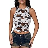 Milumia Women's Cow Print Crew Neck Tank Top Western Sleeveless Cropped Tops