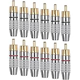 Qulkws 12 Pcs RCA Male Plug Connectors Solderless Gold Audio-Video Adapter Coaxial Cable Audio Adapter Gold Plug Male No Solder Connector for Home Theater Speaker Audio Video Receiver