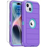 Annymall for iPhone 14 Case with 2 Screen Protector,Full Body Shockproof Drop Protection Dust Proof Heavy Duty 3 Layer Rugged Durable Military Grade Cover for Apple iPhone 14 6.1" (Purple/light green)