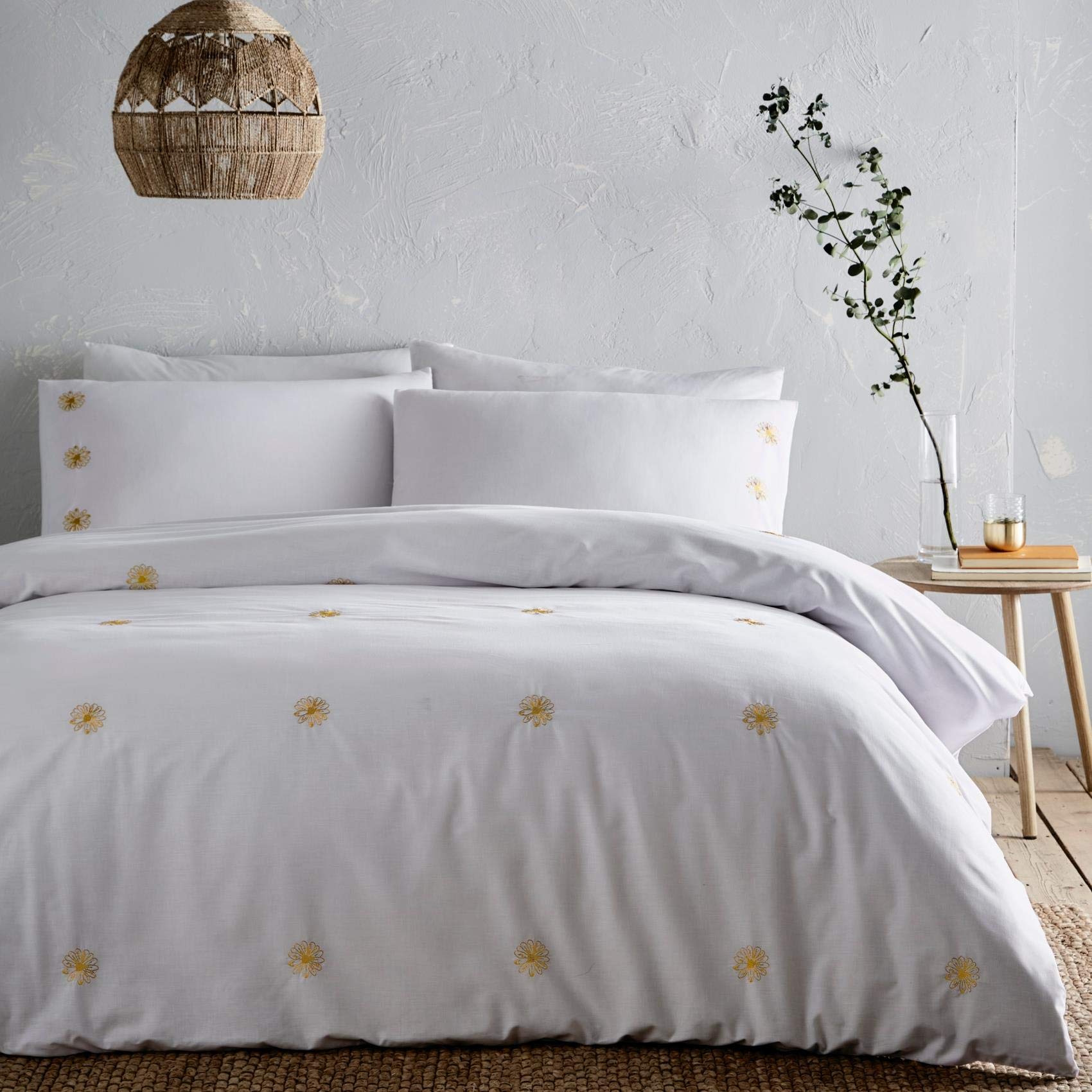 Portfolio Daisy Ochre Double Duvet Cover Set Bed Linen Quilt Embroidered, Grey