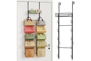HapiRm Over The Door Purse Organizer - Wall Mounted Purse Rack with 10 Hooks and Metal Basket, Hanging Handbag Organizer Holds up to 10 Bags, Bag Rack Can Use As 1/2 Part, for Door, Closet (Black)