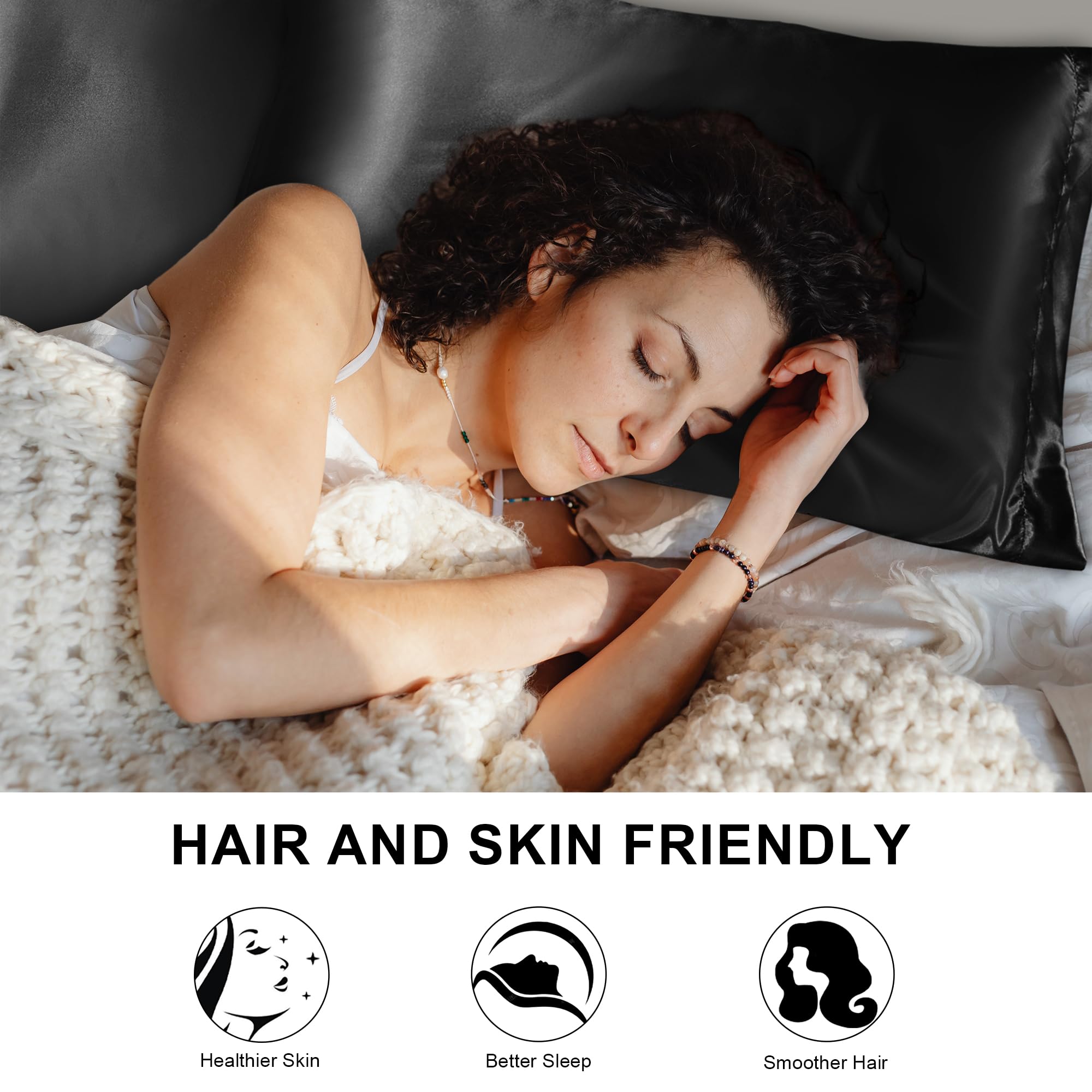 phyrec Satin Silk Pillowcase for Skin and Hair, 2 Pack - Envelope Closure - Bedding Queen Pillow Cases(20" x 30"), Soft Breathable Smooth Cooling Silk Pillow Covers for Sleeping, Black - Image 3