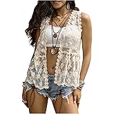 SHENHE Women's Western Sheer Mesh Vest Lace Embroidered Sleeveless Button Up Ruffle Shirt