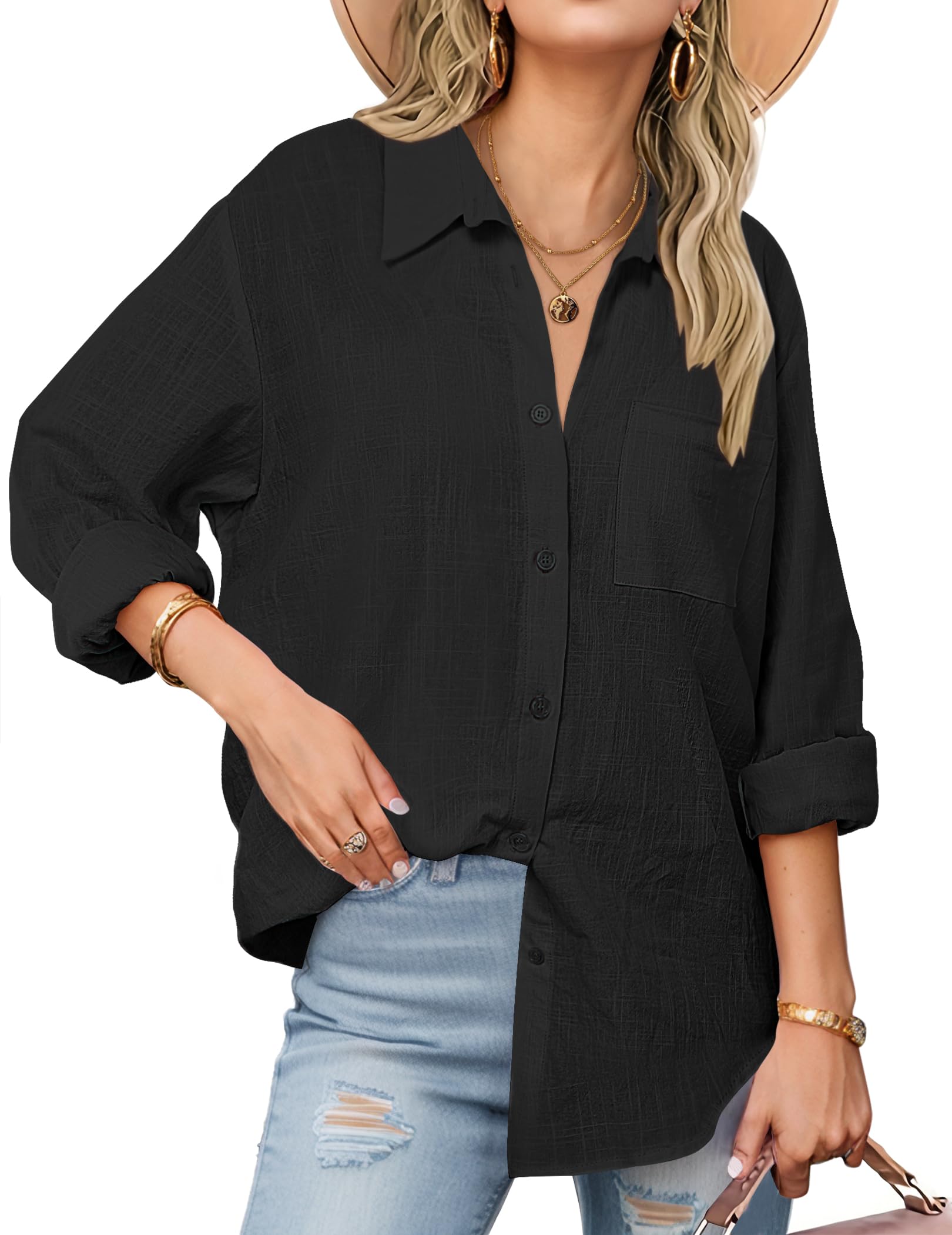 Photo 1 of *SMALL* Zeagoo Womens Linen Button Down Shirts Long Sleeve Cotton Gauze Tops Casual Collared Blouses Loose Fit Black