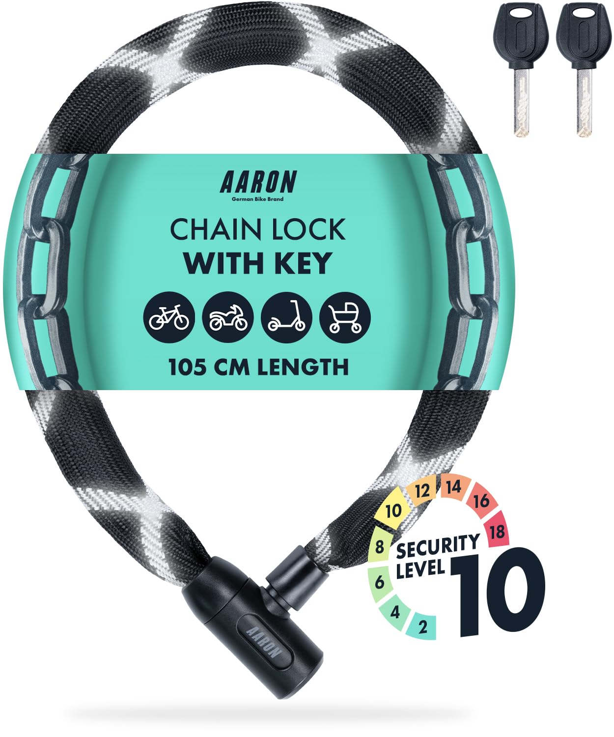 AARON Cobra Bicycle Lock with Key, 105 cm Steel Chain Lock and High Security Level, Lock for E-Bike, Mountain Bike, Trekking Bike, Touring Bike, Road Bike in Black