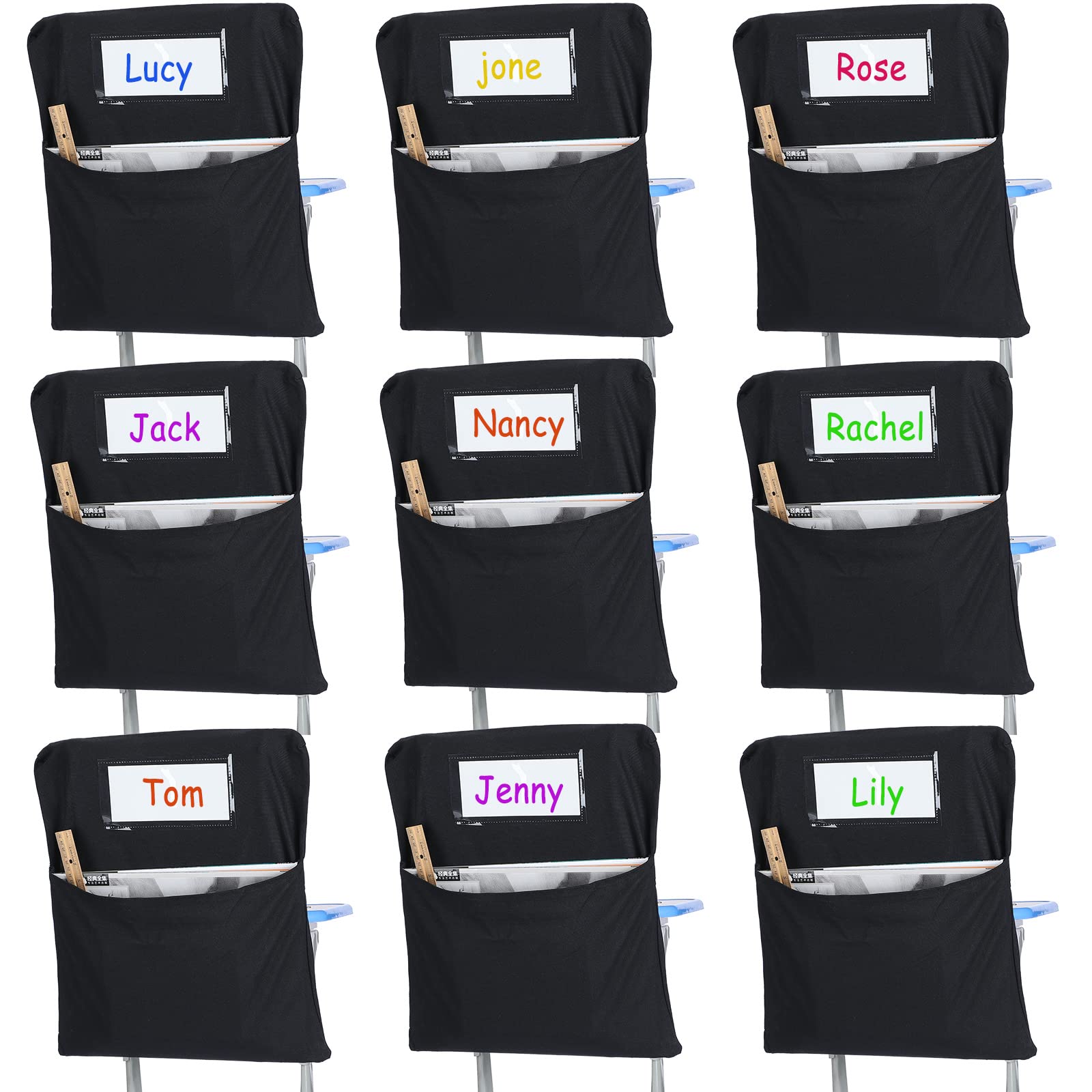 Photo 1 of Xaatren 24 Pcs Small Chair Pockets for Classroom 14 Inch School Chairs Bag Chairback Buddy Seat Pocket Student Classroom Organizer with Name Tag for Primary School Chair up to 14'' Wide(Black)