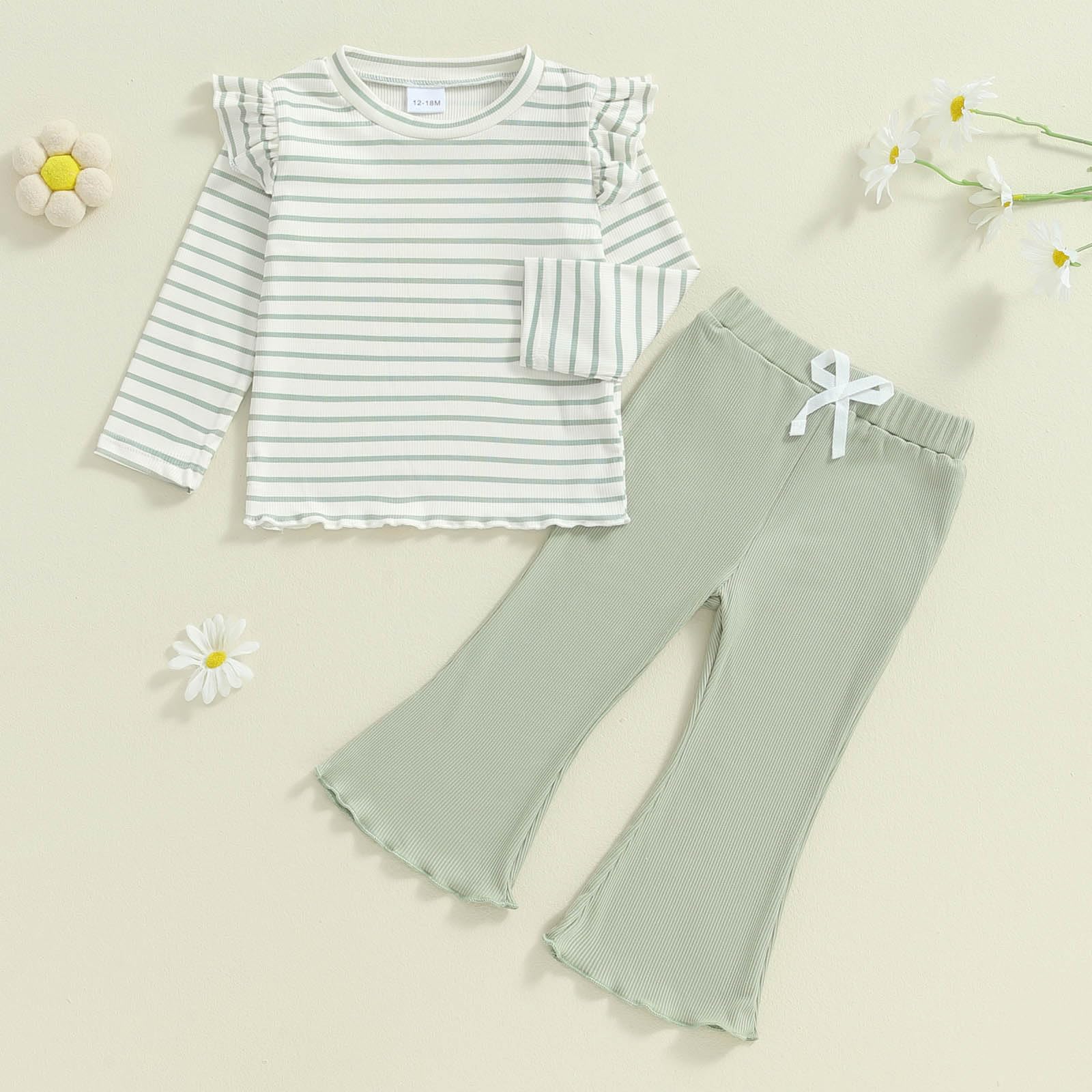 FOCUSNORM Toddler Baby Girl Outfits Ruffle Long Sleeve Striped Trim Tops + Flare Pants Set Toddler 2Pcs Fall Winter Clothes