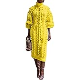 Women Puff Long Sleeve Turtleneck Maxi Sweater Dress Casual Popcorn Cable Knit Side Slit Pullover Dresses