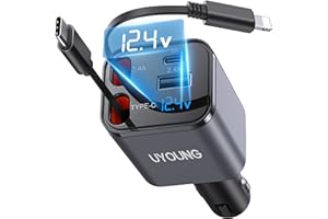 4 in 1 Retractable Car Charger, 4-in-1 Fast Car Phone Charger with 2 Retractable Cables 2.5FT and 2 USB Ports Compatible with