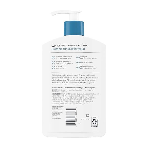 LUBRIDERM FRAGRANCE FREE DAILY MOISTURE LOTION + PRO-CERAMIDE, SHEA BUTTER & GLYCERIN, FACE, HAND & BODY LOTION FOR SENSITIVE SKIN, HYDRATING LOTION FOR HEALTHIER-LOOKING SKIN, 16 FL. OZ