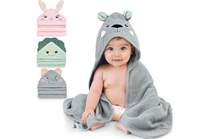 FIOBEE Hooded Baby Towels 100% Muslin Baby Bath Towels for Newborn with Animal Design Ultra-Soft and Absorbent Bath Essentials for Toddler, Unisex Girls Boys 30 x 30 inch, Gray Bear