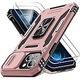DEERLAMN Case for iPhone 15 with Slide Camera Cover + Screen Protector (2 Packs), Rotated Ring Kickstand Military Grade Shockproof Protective Cover-Rose Gold