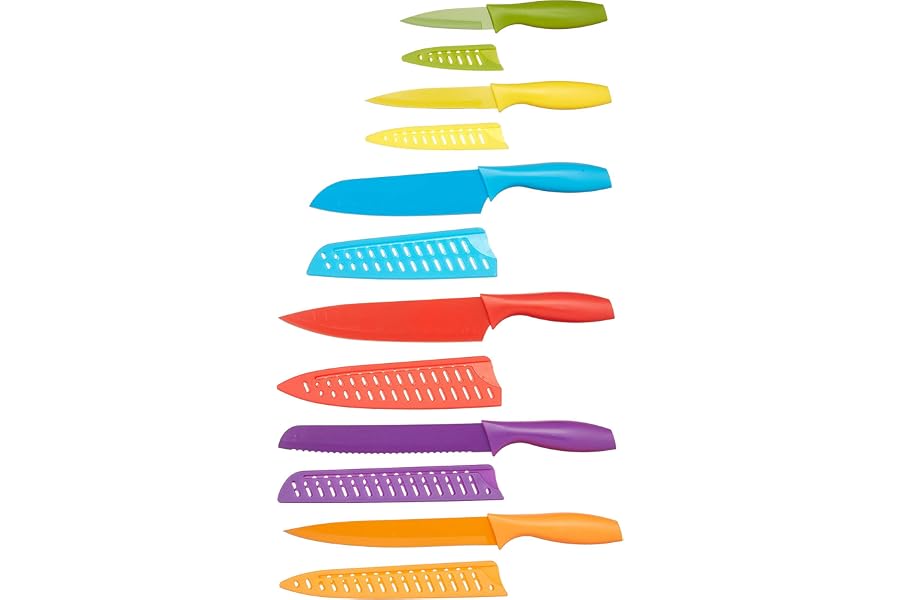 Amazon Basics Color-Coded Dishwasher Safe Kitchen Knife Set, 12-Piece with Ergonomic Handles, Non-stick Sharp Blades, 6 Knive Book