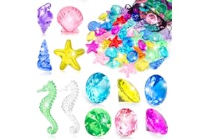 Prehalpty 60pcs Diving Gems Pool Toys, Colorful Acrylic Diamond Pirate Treasure and Mermaid Pool Play Set with Mesh Bag, Underwater Gem Diving Toys and Ocean Sensory Bin Filler
