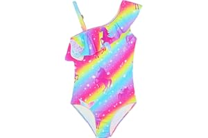 Snowheart Girls Swimsuit One Piece Bathing Suit Kids Summer Hawaiian One Shoulder Ruffle Swimwear for 3-12 Years Old
