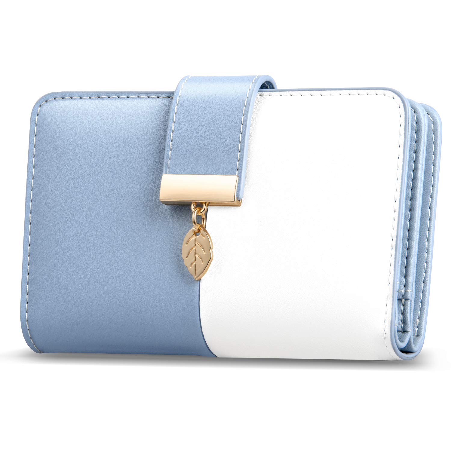 Faneam Ladies Purse RFID Blocking Leather Wallet Women's Small Purse Ladies Bifold Purse Credit Card Wallet with Wrist Strap, 1 Zip Coin Pocket, 14 Card Slots, Exquisite Box (Blue)