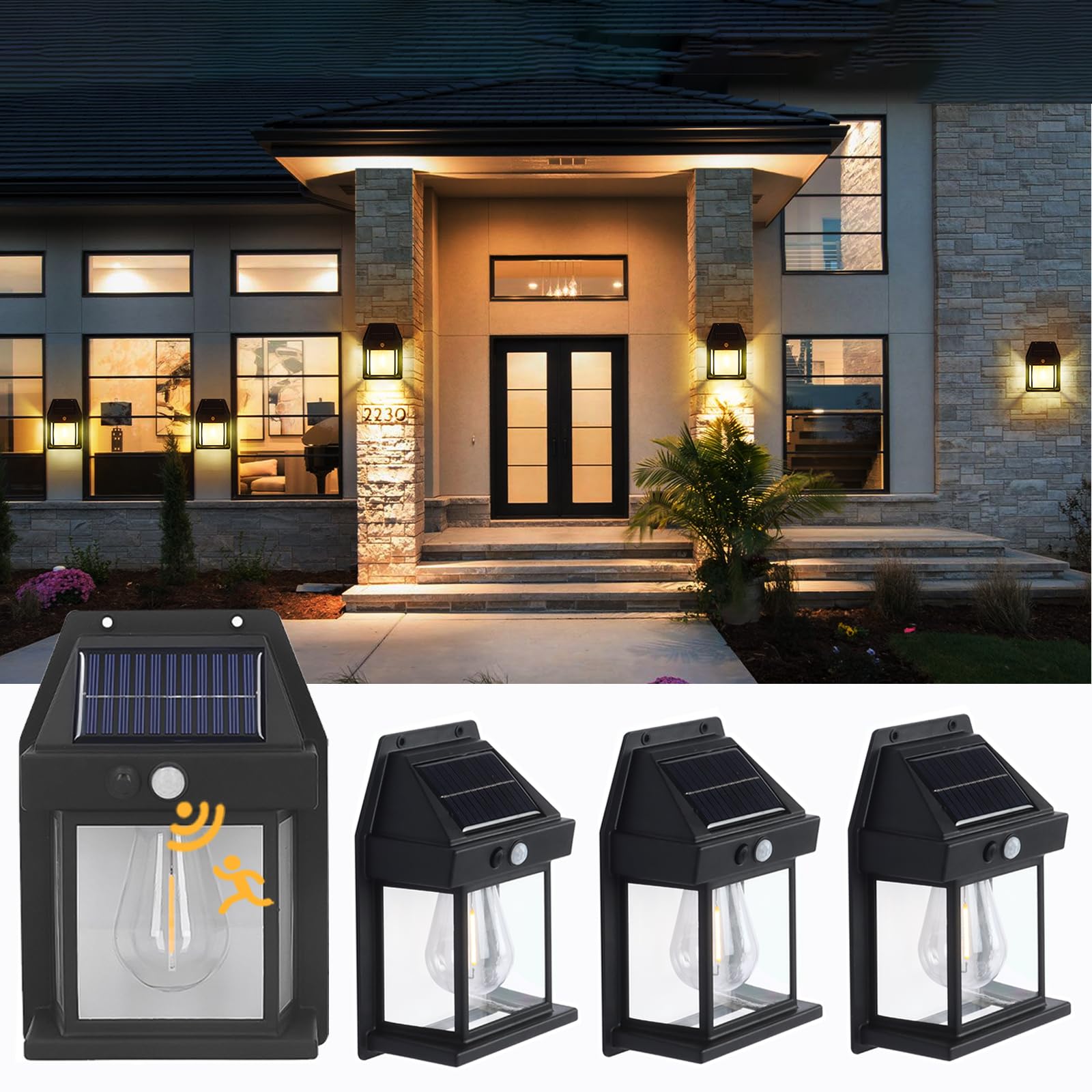 Bomiclss Solar Motion Sensor Wall Light Outdoor - 3 Modes Security Lights for Door, Porch, IP65 Waterproof for Fence, Gate, Garage, Path