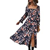 Relipop Women's Floral Puff Long Sleeve Maxi Dress Casual Square Neck Flowy Boho Split A Line Dresses