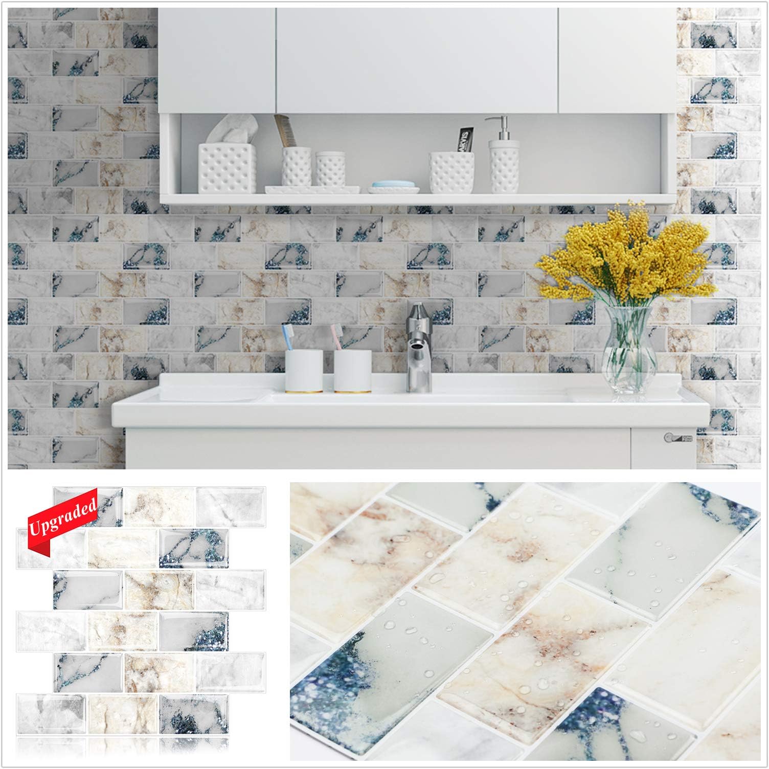 HomeyMosaic Peel and Stick Backsplash Tile for Kitchen 12"x12" 3D Wall Vinyl Stickers Subway Panel(1 Sheet,Marble White…