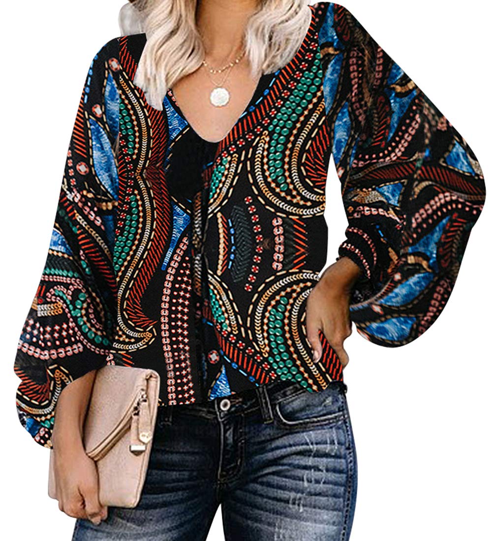 BABEIYXM Women\'s V Neck Boho Tops Balloon Sleeve Chiffon Blouses Floral Print Casual Loose Shirts L