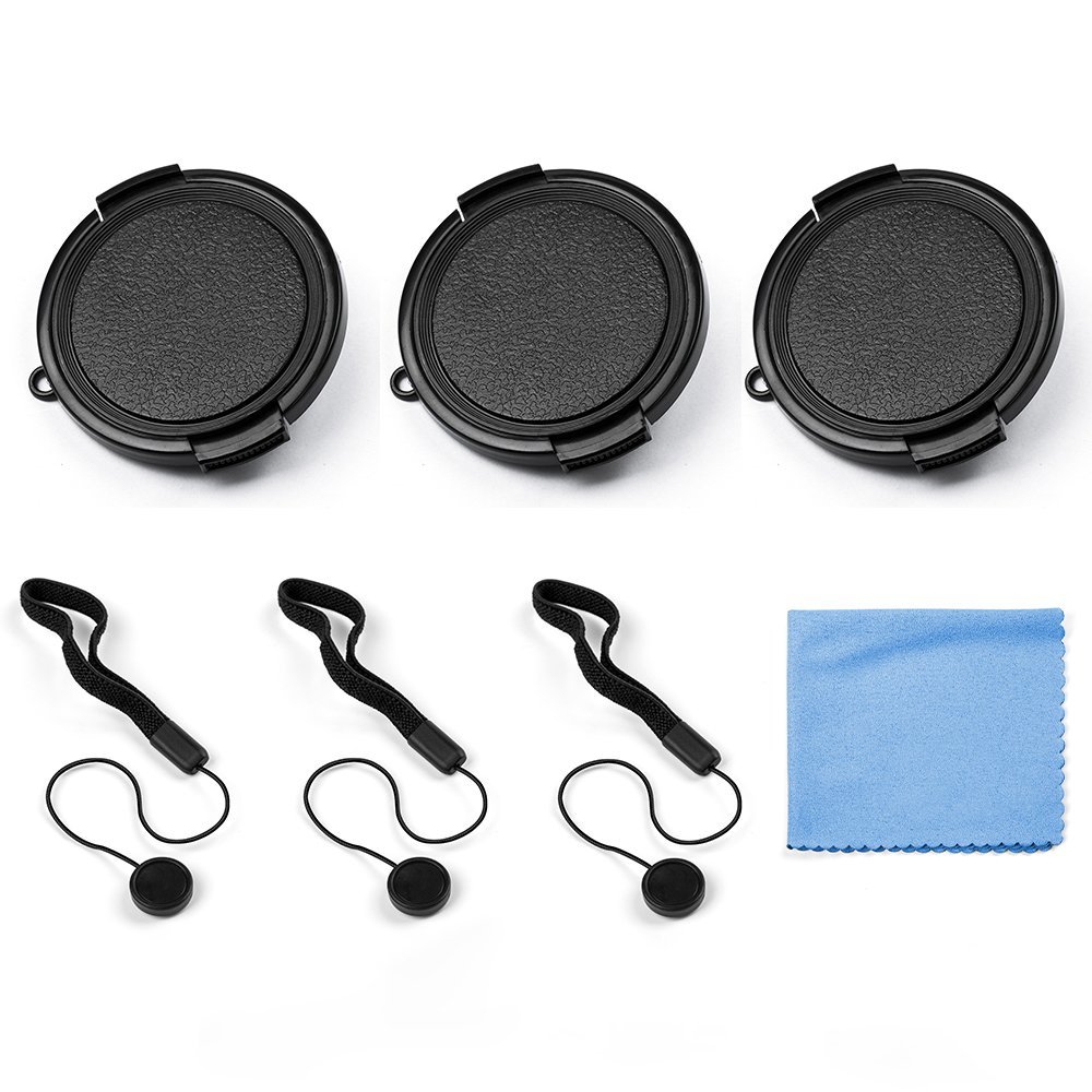 Fotover 62mm Lens Cap Bundle, 3 Pack Universal Snap on Front Side Pinch Lens Cover Set with Microfiber Lens Cleaning Cloth for Canon Nikon Sony Olympus DSLR Camera + Lens Cap Keeper Holder