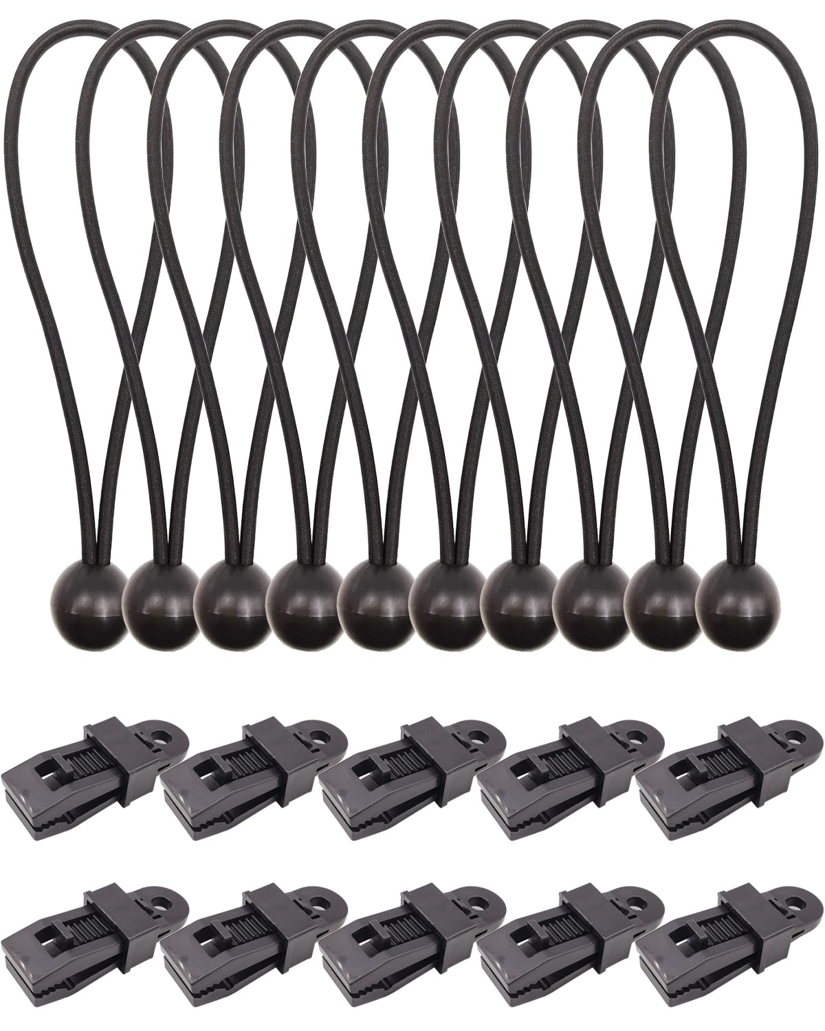 BINCKIN 20PCS Tarp Clip Bungee Cord with Ball, Black Reusable Awning Clips and Bungee Cords with Balls, Adjustable Tarpaulin Clips and Ball Bungees