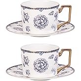 KAMMAK Tea Cups and Saucers Set of 2, Fine Bone China Coffee Cups, 8.5-Ounce Stackable Espresso Mugs, Ceramic Demitasse for Coffee, Cappuccino, Latte, Americano, Tea, English Navy