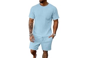 BEALIN Men's Summer Beach Outfits 2 Piece Vintage Short Sleeve T Shirts and Shorts Vacation Texture Sets for Men