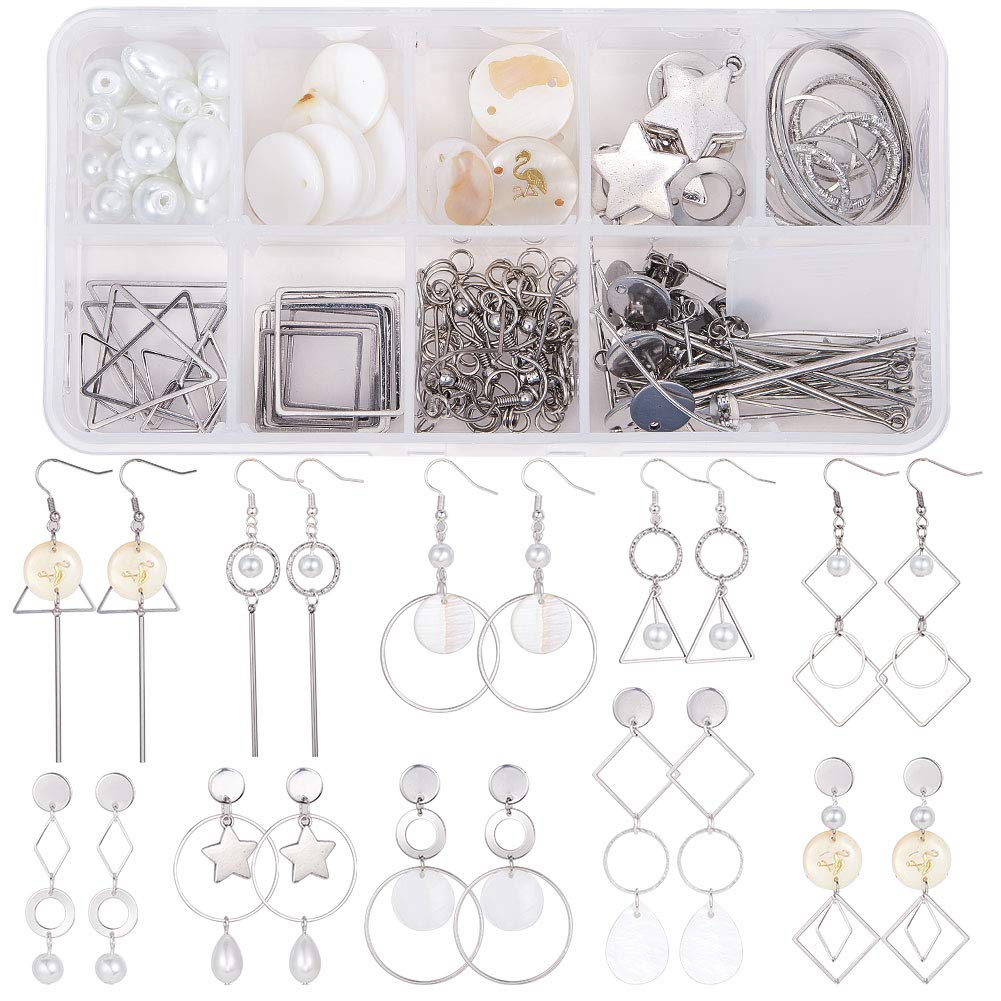 SUNNYCLUE 1 Box DIY 10 Pairs Geometric Hollow Earring Making Starter Kit Classic Round Square Heart Triangle Connectors with Shell Charms, Brass Earring Hooks Jewellery Making Supplies, Silver