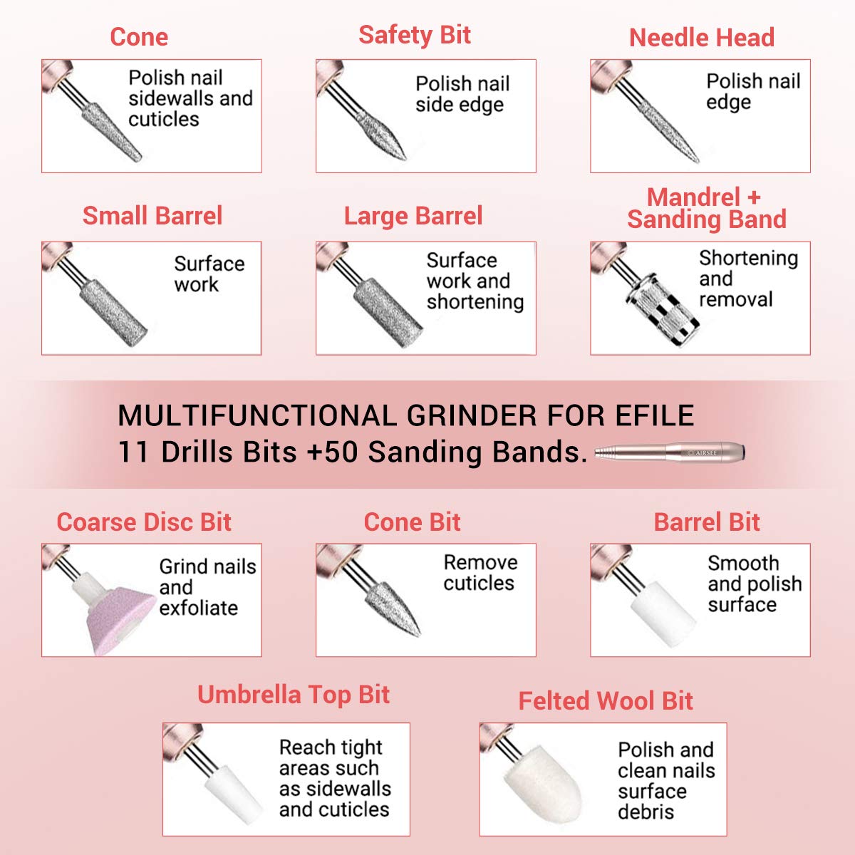 AIRSEE Portable Electric Nail Drill Professional Efile Kit For Acrylic, Gel Nails, Polishing Shape Tools with 11Pcs Nail Drill Bits, 26 Sanding Bands, Glass Nail File, Manicure Set, Nail Brush (Gold): Beauty