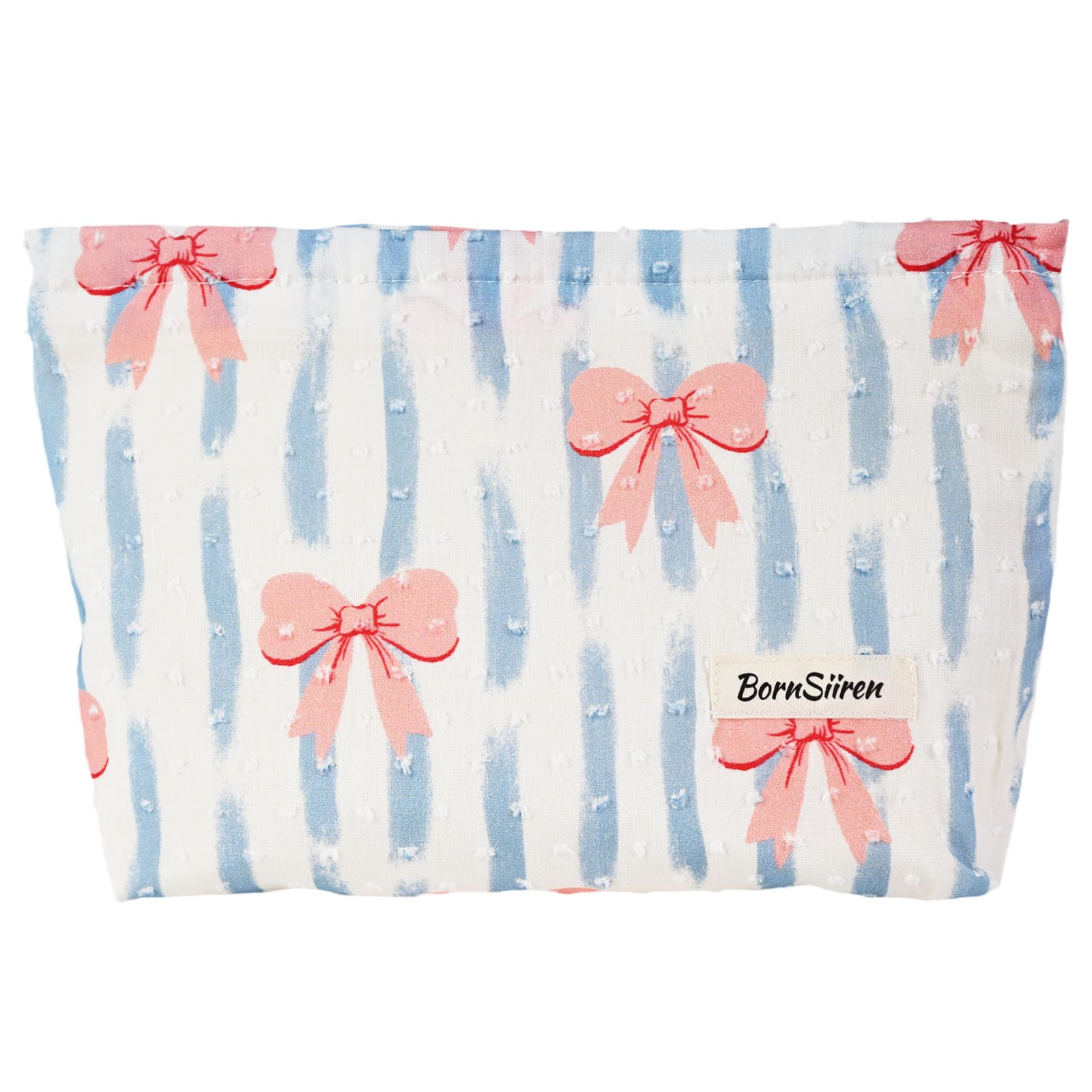 Photo 1 of BornSiiren Stripe Makeup Bag,Bow Blue Cosmetic Bag for Women, Large Capacity Toiletry Bag,Zipper Pouch, Travel Accessories Storage with Lining