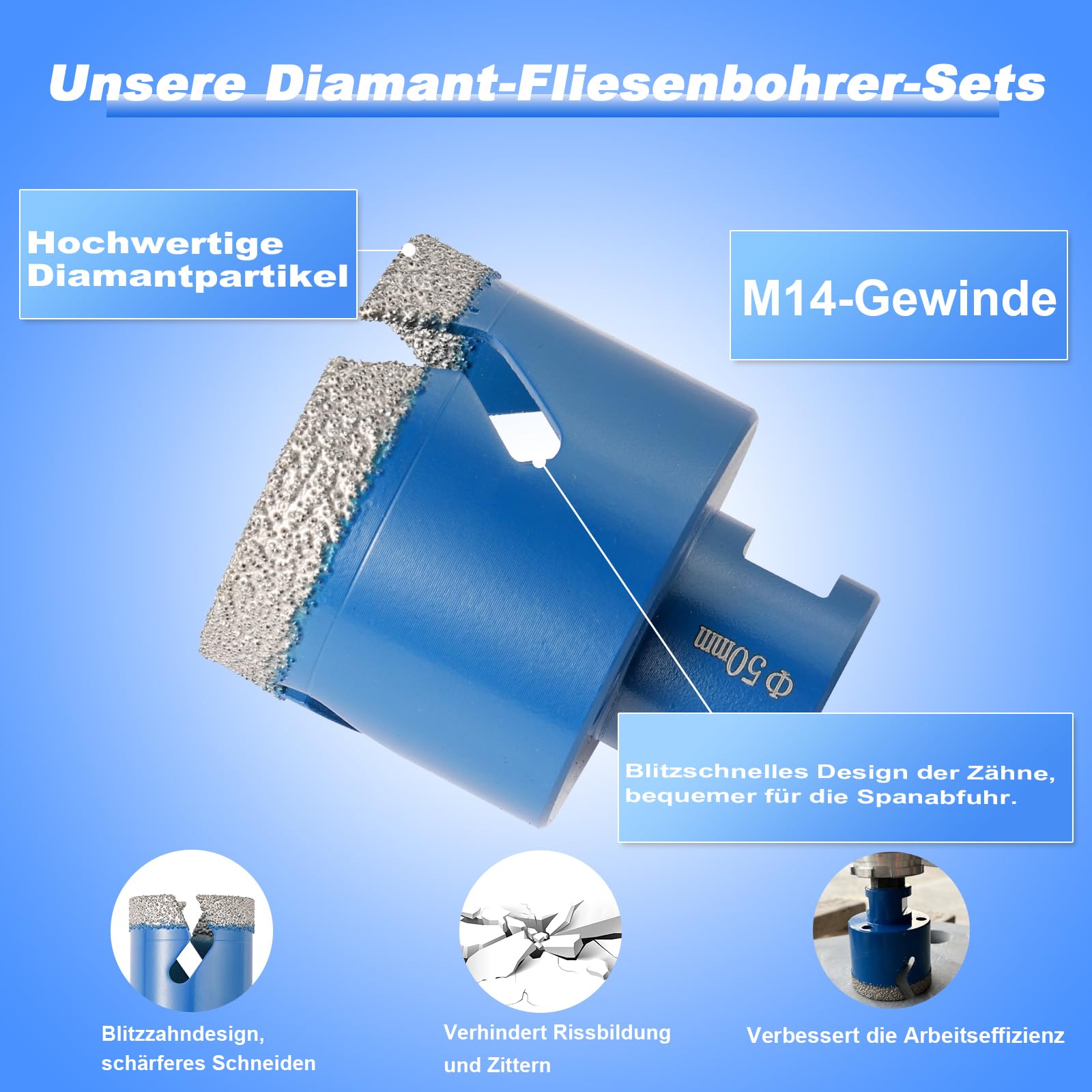 DWIKE 12tlg Diamant Fliesenbohrer Set 6/8/10/12/20/35/50/68mm M14 Diamant Bohrkrone Lochsäge mit 125mm Trennscheibe mit 50mm Fasenbohrer ein Adapter Für Winkelschleifer Lochsäge Set Granit Fliesen 3