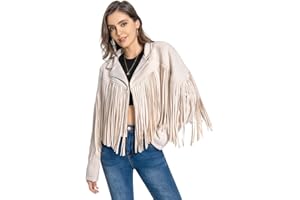 WELLATENT Fringe Jacket, Western Cowgirl Faux Suede Leather Jacket Tassel Crop Moto Top Country Concert Outfits for Women.
