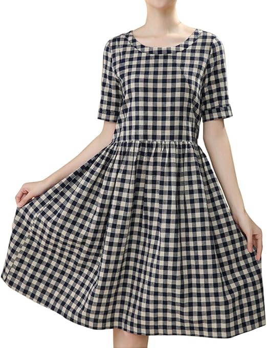 Amazon Co Jp Hee Grand レディース 春 夏 五分袖 森ガール 膝丈 格子縞 亜麻 ワンピース ドレス 入学式 デート 遠足 合コン ネックレスなし 日本xl 中国xxl ブルー 服 ファッション小物