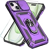 SunStory Compatible with iPhone 15 Plus Case with HD Screen Protector & Slide Camera Cover & Rotated Ring Kickstand, [Military-Grade] Phone Case for iPhone 15 Plus,Purple
