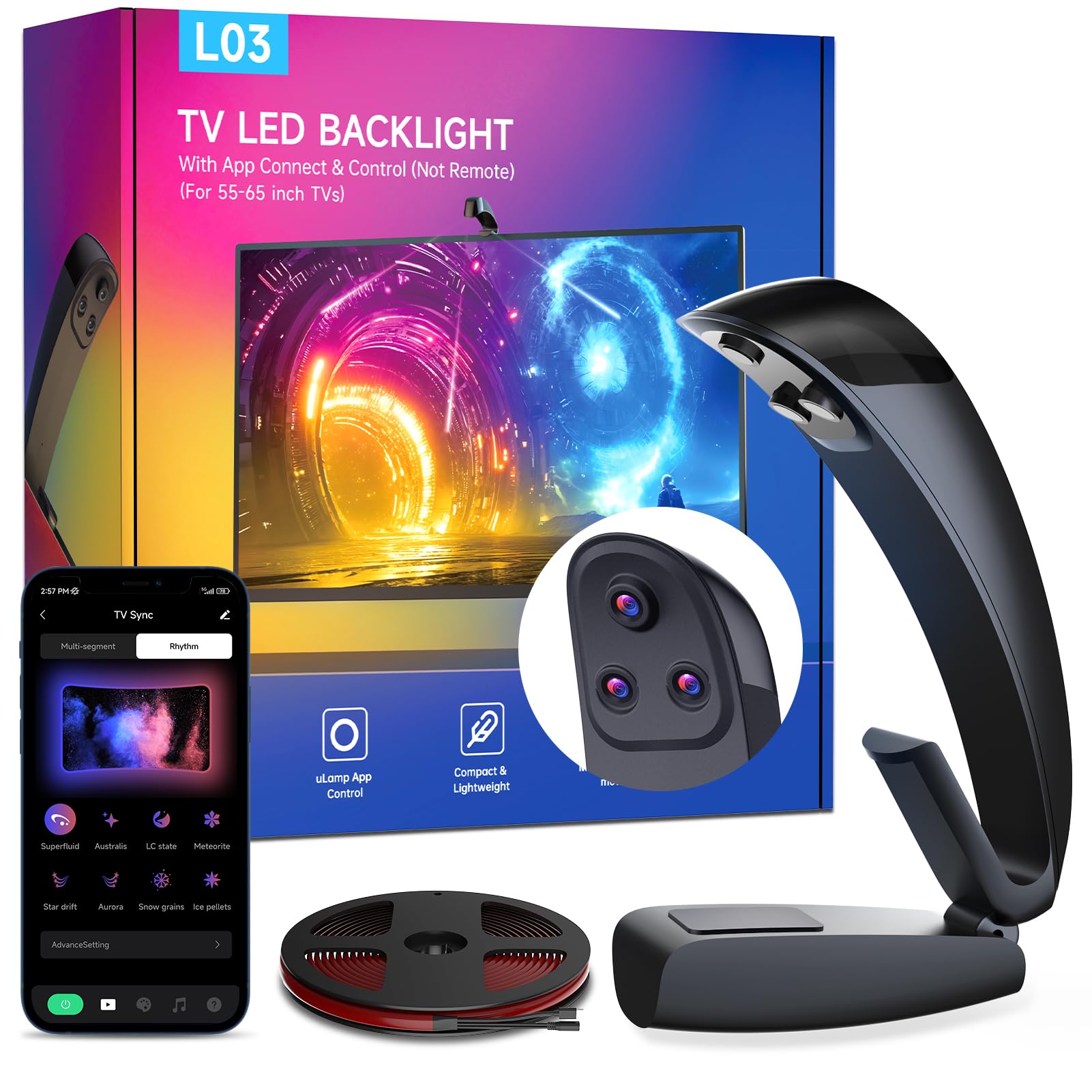 Photo 1 of FFJ TV LED Backlight with Triple Sensor, 14.7ft RGB LED Strip Lights That Change with 55-65 Inch Screen, Smart App Control, Music Sync, for Home Decoration - Upgraded Version