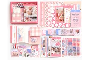 ELKCIP Vintage Aesthetic Scrapbook Kit(346pcs), Scrapbooking Supplies Kit with Bullet Junk Journal, Stationery, A6 Grid Notebook with Graph Ruled Page DIY Journaling Gift for Teen Girl Kid Women, Pink