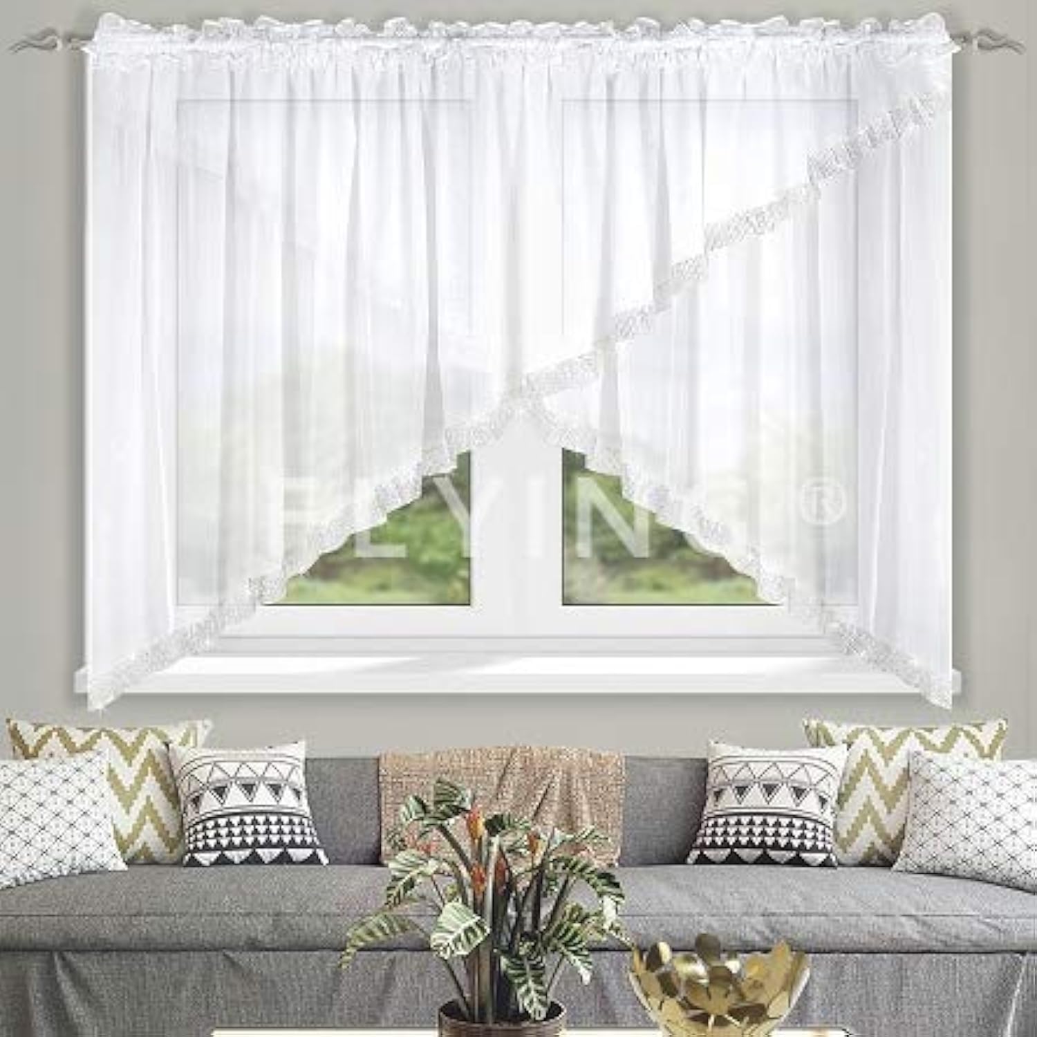 FKL DESIGN Beautiful Voile Window Curtain with Zirconia Short Design White Pleated Tape Ruffle Tape LB-195N