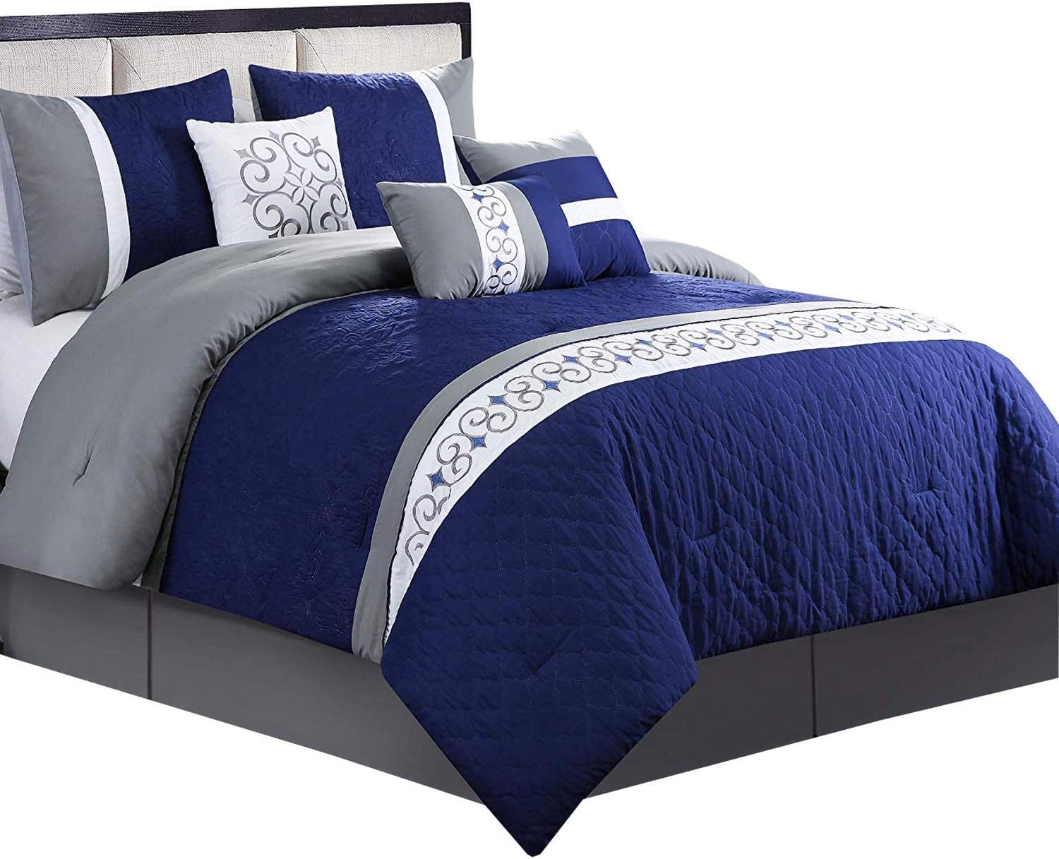 Royal Hotel Ruhi Blue, White and Gray Queen Size Luxury 11 Piece Comforter Set