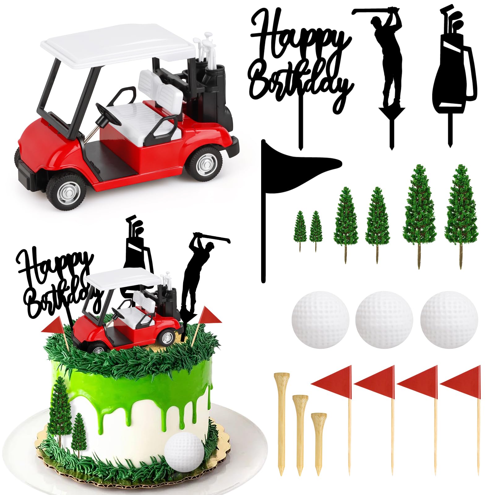 Hooqict 21 Pieces Golf Cake Decorations with Mini Cart, Ball, Clubs, Red Flag Golf Cake Toppers & Cupcake Toppers for Men Sports Themed Birthday Party Decorations Supplies