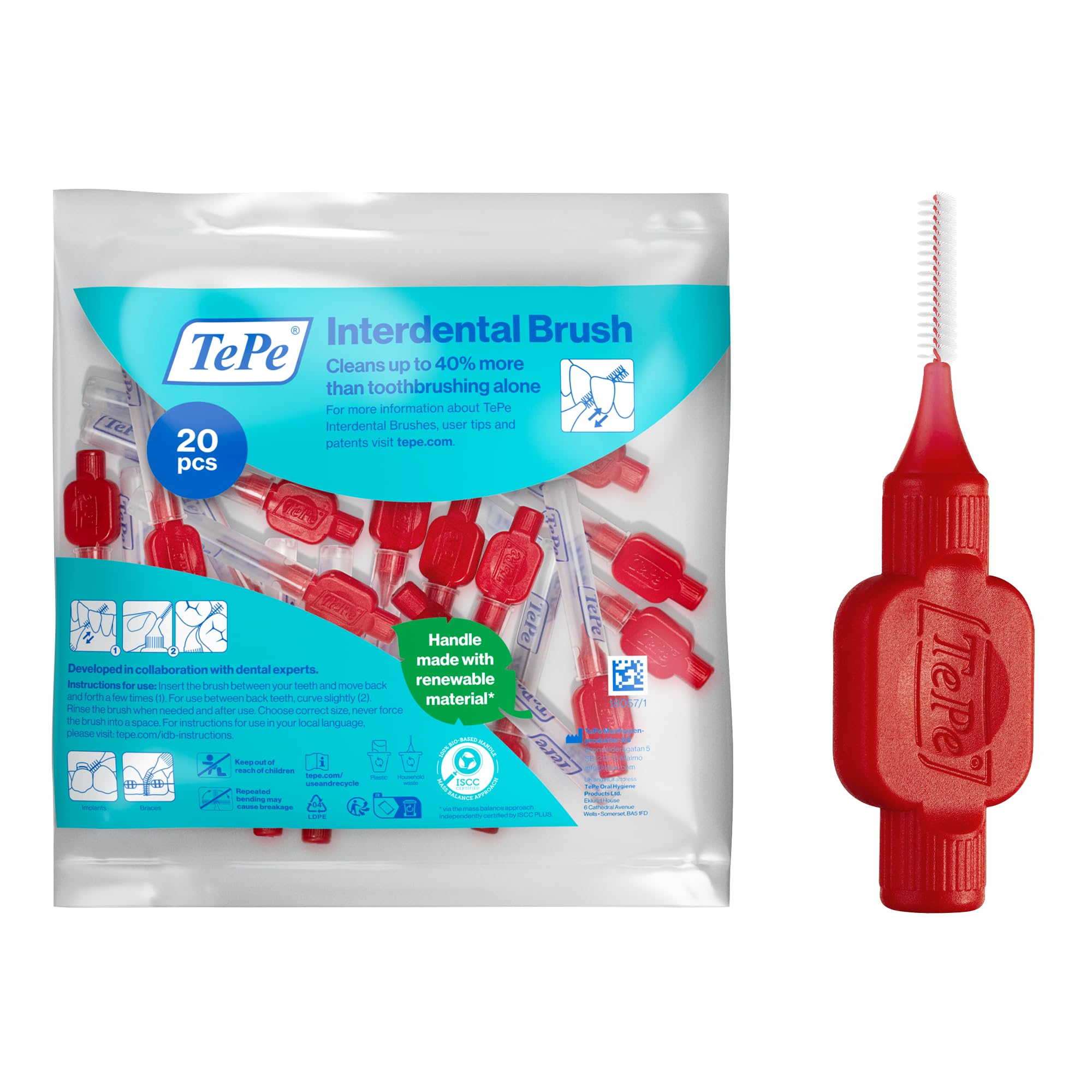 TePe Interdental Brush, Original, Red, 0.5mm/ISO 2, 20pcs, Plaque Removal, efficient Clean Between the Teeth, Tooth Floss, for Narrow Gaps