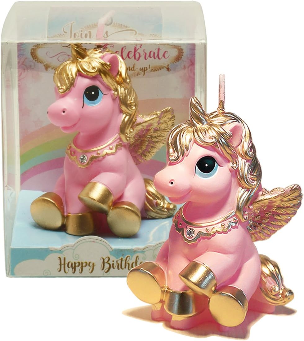 TBJSM Super Cute Gold Fly Unicorn Cake Cupcake Topper Birthday Gifts Wish Candle Wedding Party Decorations (Pink)