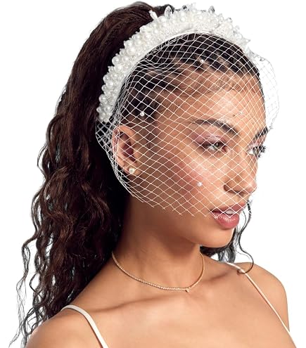 ?Women White Rosette Tulle Pearl Headband Veil Hairpiece Bridal Accessory Headband face veil with pearls - Pearl adorned tulle  main image 3