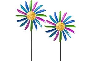 SHUONIVS Metal Wind Spinners Outdoor, 360° Wind Sculpture Spinner with Metal Stake, Waterproof Spinners Green Kinetic Wind Spinner for Yard Lawn Decor (B- Colourful 2PC)
