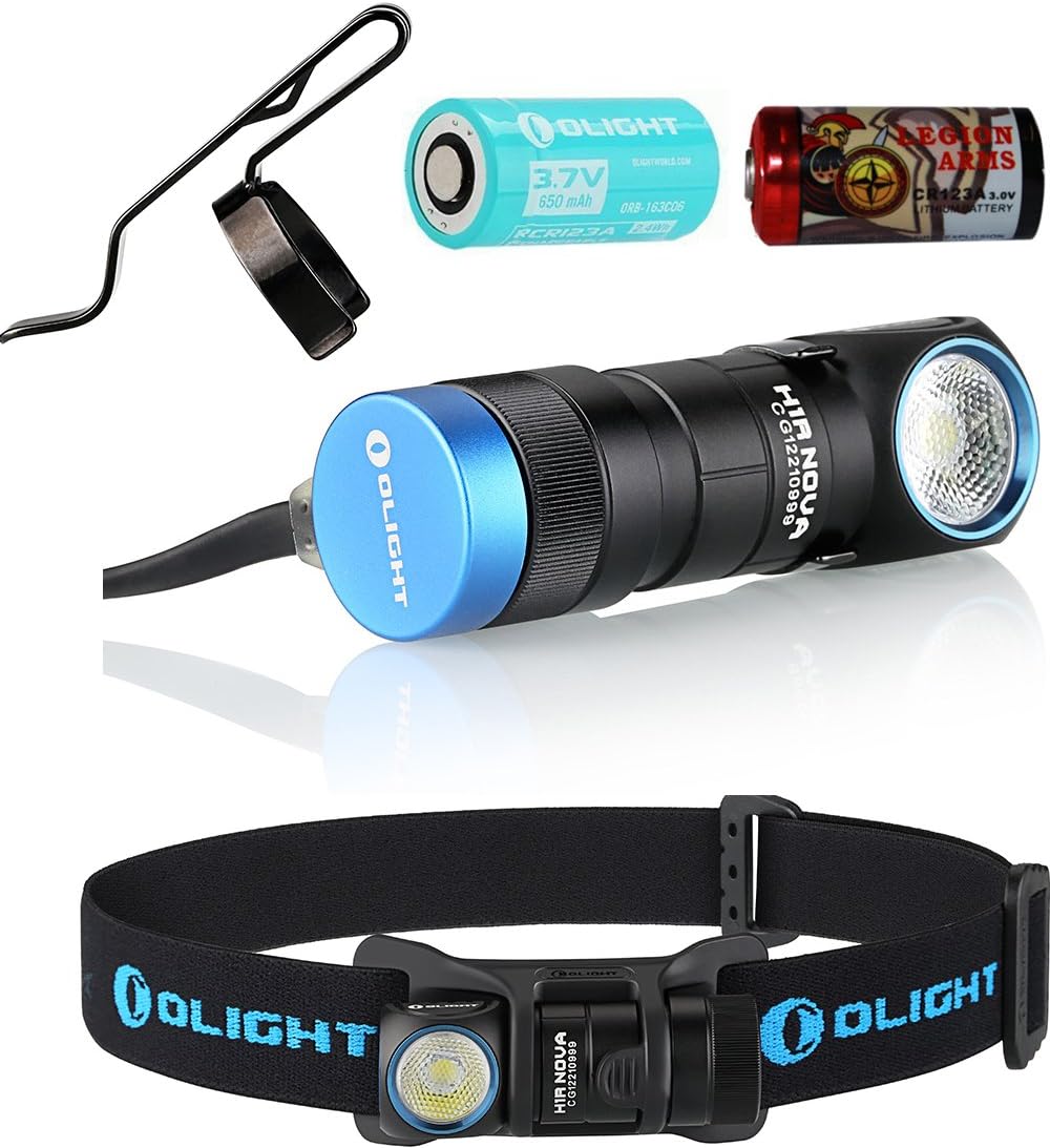 Olight H1R Nova 600 Lumen LED Rechargeable Flashlight Multi-Use Headlamp w/headband, Clip, Customized RCR123 Battery, magnetic USB charging cable, LegionArm CR123A Backup Battery (LED: Cool White)