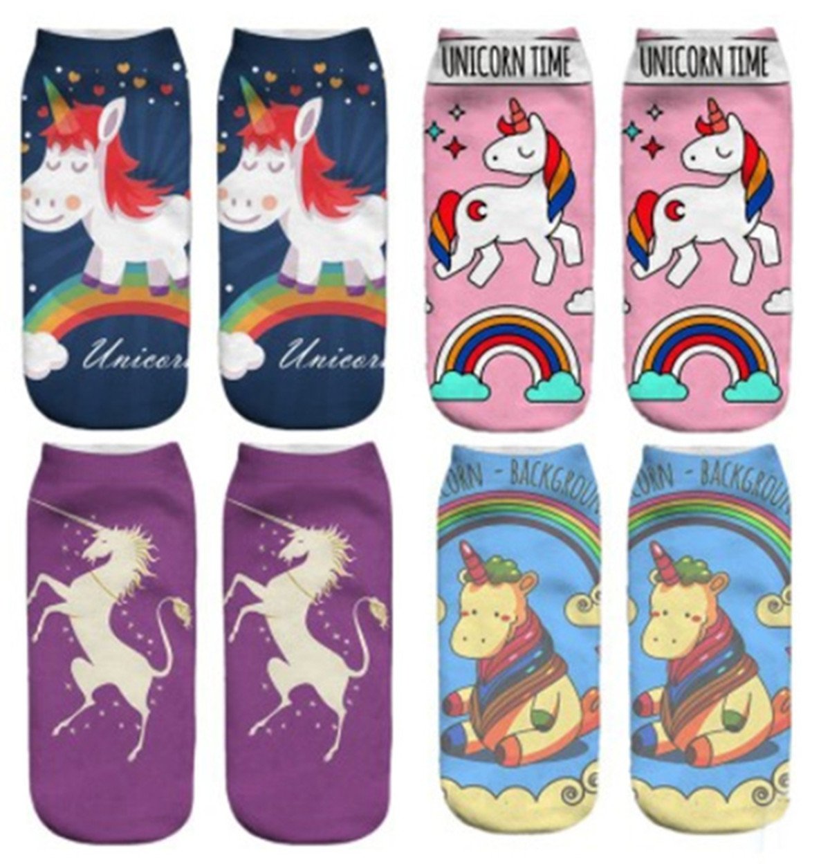 Chaussettes Femmes 3D Impression Fantaisie Socquettes Femmes Protège-pieds Licornes Aimable 5 Dessins Disponibles (4 Paire)