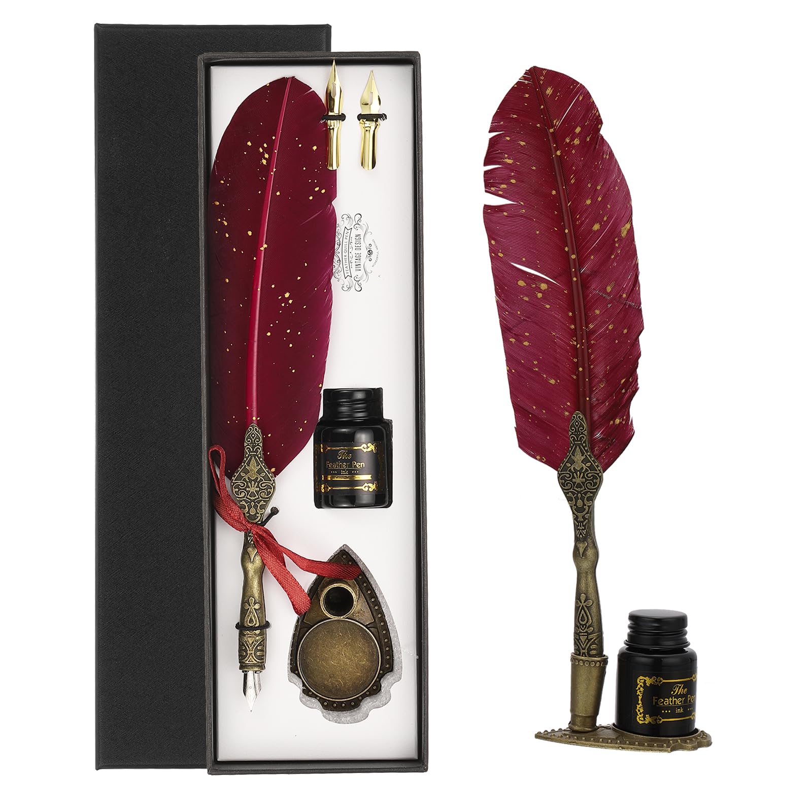 PATIKIL 25cm/10 Carved Feather Pen Set, Vintage Quill Pen with Ink Set 2 Replacement Nibs Stand Base for Calligraphy Writing Dip Pen Office Gifts, Dark Red — image 1