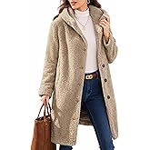 ELLEVEN Winter Faux Fur Pea Coat for Women,Sherpa Wool Fuzzy Fleece Long Warm Teddy Coats Jacket with Hoodie