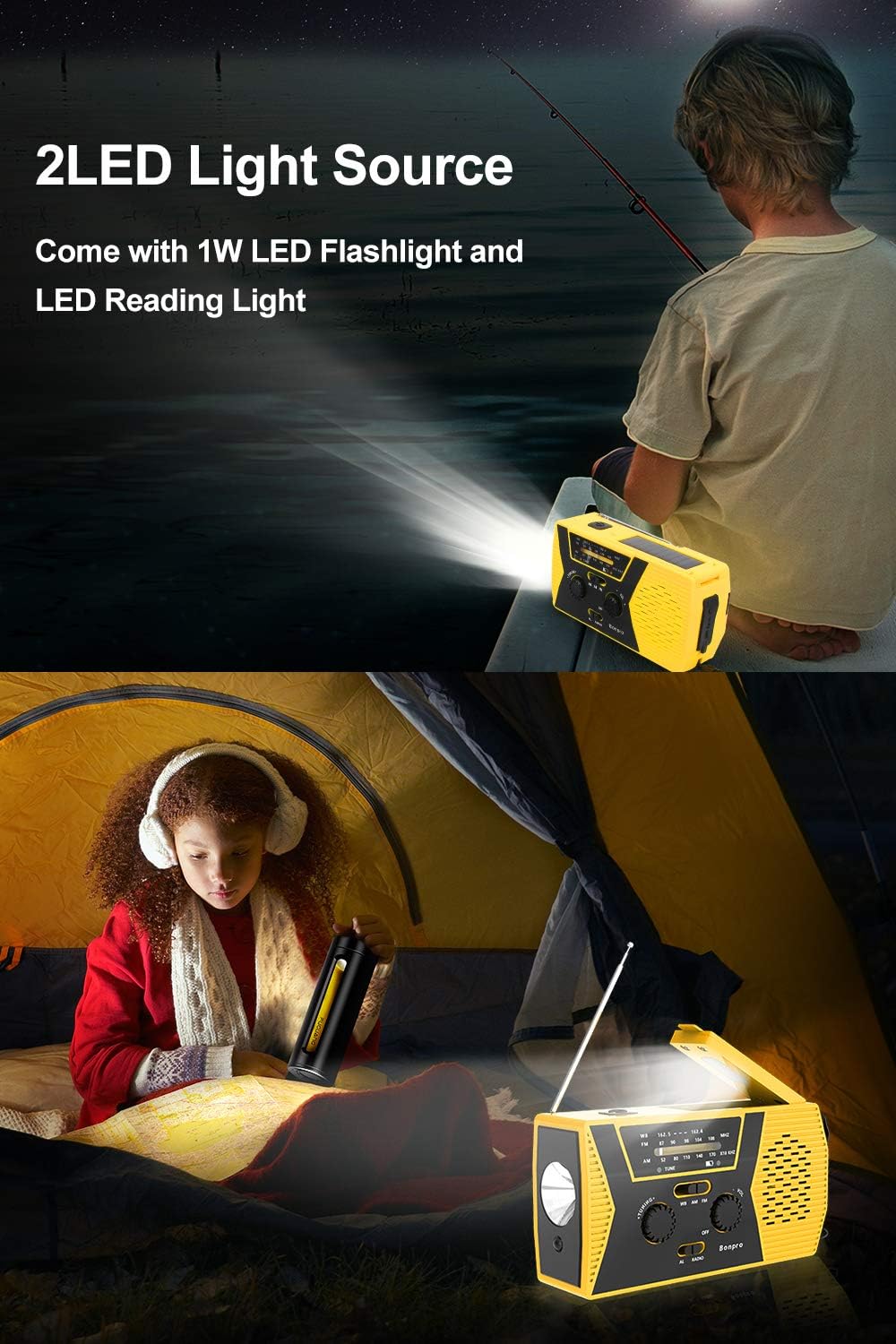 Emergency Radio 2020 New Version Bonpro Weather Radio with Solar and Crank Charger with Flashlight, Reading Lamp and 2000mAh Power Bank NOAA Weather Radio: Home Audio & Theater